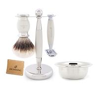 Jag Shaving JAG's Lee Range - Juego de afeitado de 5 piezas (brocha de afeitar con punta plateada, cuchilla de afeitar, bandeja de afeitar, soporte de afeitado y funda de piel)