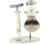 Jag Shaving - Juego de 3 bordes con cepillo de pelo rojo y soporte de afeitar de acero inoxidable