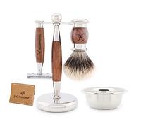 Jag Shaving Juego de afeitado de 5 piezas, Brocha de afeitar tejón, Maquinilla de afeitar, Soporte para maquinilla de afeitar de cuero, Soporte para afeitar, Juego de madera