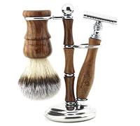 Jag Shaving Juego de afeitado sostenible de 3 piezas de madera - Brocha de afeitar de pelo sintético - Cuchillas de afeitar de doble borde - Maquinilla de afeitar para hombre y mujer - Soporte de