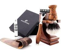 Jag Shaving Juego de afeitado sostenible de 4 piezas de madera - Brocha de afeitar de pelo sintético plateado - 3 cuchillas de afeitar - Soporte de afeitado - Funda de piel para maquinilla de afeitar