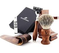 Jag Shaving Juego de afeitado sostenible de 4 piezas de madera - Super Dachshaar Brocha de afeitar - 3 cuchillas de afeitar - Soporte de afeitado - Funda de piel para maquinilla de afeitar