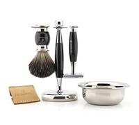 Jag Shaving Kit de afeitado para hombre con maquinilla de afeitar de doble filo, cepillo de afeitar de pelo de tejón negro puro, soporte, tazón y bolsa de cuero para afeitar, juego para hombres
