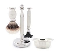Jag Shaving Lee Range Juego de afeitado de 4 piezas Brocha de afeitar de pelo de tejón de punta plateada Maquinilla de afeitar de 3 bordes Soporte de maquinilla de afeitar