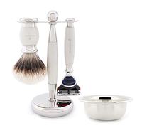 Jag Shaving Lee Range Juego de afeitado de 4 piezas Brocha de afeitar de pelo de tejón de punta plateada Maquinilla de afeitar de 5 bordes Soporte de maquinilla de afeitar