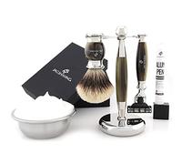 Jag Shaving - Set de afeitado (3 piezas, incluye brocha de afeitar con pelo de tejón plateado, 3 cuchillas de afeitar, soporte de afeitar, color verde imitación de hornia)