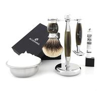 Jag Shaving - Set de afeitado (3 piezas, incluye brocha de afeitar de pelo de tejón con punta plateada, cuchillas de afeitar de doble filo, soporte de afeitado, color verde imitación de hornia)