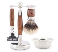 Jag Shaving - Set de afeitado (5 piezas, pelo de tejón plateado, 3 cuchillas de afeitar, soporte de acero inoxidable y madera, cuenco de afeitar, juego de madera)
