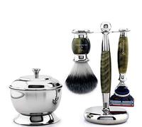 JagShaving - Cepillo de pelo sintético con mango de cuerno de nuevo diseño, 5 filos de afeitar + soporte para combinar y cuenco de acero para hombre.