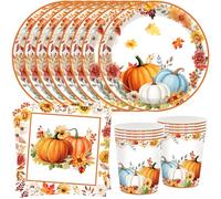 JAHEMU Calabaza Vajilla de Fiesta Decoracion Otoño Cubiertos Fiesta de Acción de Gracias Vajilla Calabazas Otoñales Platos Taza Papel Servilleta Decoración de Halloween Set 16 Invitados