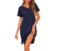 Jahetuul Camisones de Mujer Dormir Algodón Batas de Casa Camisón Mujer a Rayas de Manga Corta Ropa de Dormir con Diseño de Abertura