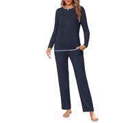 Jahetuul Conjunto de Pijama Mujer Largo Algodón Cuello Redondo con Diseño de Escote en Capas Color Sólido Ropa de Dormir Cálida para Otoño e Invierno