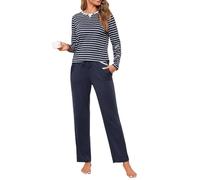 Jahetuul Conjunto de Pijama Mujer Largo Algodón Cuello Redondo con Diseño de Escote en Capas Parte Superior a Rayas Ropa de Dormir Cálida para Otoño e Invierno