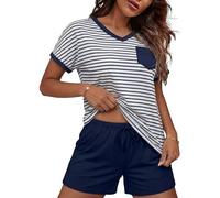 Jahetuul Conjunto de Pijama Mujer Verano Pijama Corto a Rayas con Cuello en V y Bolsillo Algodón Suave y Transpirable Ropa de Casa y Dormir