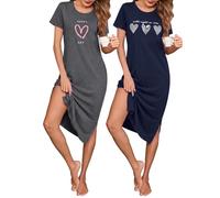 Jahetuul Lote de 2 Vestidos de Noche Largos Mujer Manga Corta Cuello Redondo con Estampado de Corazón y Fisura Lateral Camisones Suaves y Elegantes para Dormir en Casa