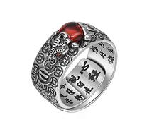 JAJAFOOK Anillo de plata 999 vintage Pixiu con sapo dorado, mantra de seis caracteres, corazón sutra para hombres y mujeres, anillo ajustable de riqueza de la suerte, Metal, Plata de ley
