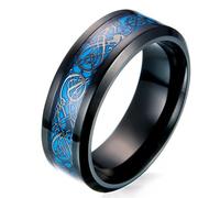 jajafook Hombres de 8 mm negro de fibra de carbono celta dragón azul banda de anillo de efecto luminoso brilla en la oscuridad