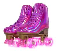 JajaHoho Patines de ruedas para mujer, color magenta, holográficos, de piel sintética, de doble fila, cuatro ruedas con luz rosa barbie, patines para niñas de 8 a 50 años, para interiores y exteriores