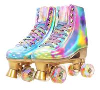 JajaHoho Patines sobre ruedas para mujer, patines holográficos de piel sintética, cuatro ruedas brillantes de doble fila para niñas y edades de 8 a 50 años, multicolor para interiores (arcoíris, talla