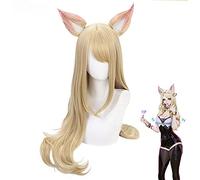 jajaja Juego ahri Peluca con Orejas Kda AHRI Cosplay Wig Mujeres largas rubias rubias Resistentes al Calor Pelucas de Pelo + Tapa de Peluca