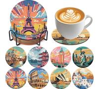 Jakener 8 posavasos con diseño de paisaje urbano con soporte, posavasos de diamante para adultos, para manualidades, posavasos antideslizantes para principiantes, adultos y niños