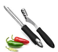 Jalapeño - Juego de 2 descorazonadores de pimienta de acero inoxidable con rebanada dentada y mango de goma para jalapenos, chilis, pimientos, calabacín pepino descorazonero