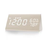 JALL Reloj despertador digital de madera para dormitorio, 3 alarmas con números grandes, pantalla de humedad y temperatura, regulador de intensidad de 6 niveles, repetición, reloj de escritorio fuerte