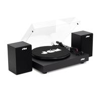JAM Platina con Altavoces - Reproductor de Vinilo Bluetooth con Altavoces de Estantería, Reproductor de 3 Velocidades con Cubierta Antipolvo, Brazo Precalibrado, Limpiador de Vinilo Incluido, Negro