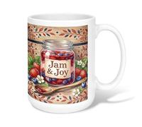 Jam - Taza de café de cerámica, diseño rústico vintage con fresas de verano, color rojo, novedosa taza de té con asa, ideal para amistad, familia, colegas, profesores, personal de novia, 15 onzas