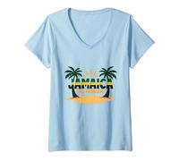 Jamaica No Hay Problema Vacaciones en la Playa Tropical Camiseta Cuello V, Mujer, Azul Bebé, M