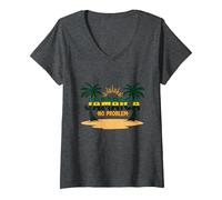 Jamaica No Hay Problema Vacaciones en la Playa Tropical Camiseta Cuello V, Mujer, Jaspeado Oscuro, L