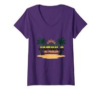 Jamaica No Hay Problema Vacaciones en la Playa Tropical Camiseta Cuello V, Mujer, Morado, M
