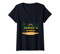 Jamaica No Hay Problema Vacaciones en la Playa Tropical Camiseta Cuello V, Mujer, Negro, XL