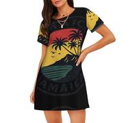 Jamaica Tropic-Standard-Scale-4_00x - Camisón de manga corta con cuello redondo y elegante estampado que se adapta a todos los tipos de cuerpo, Negro, L