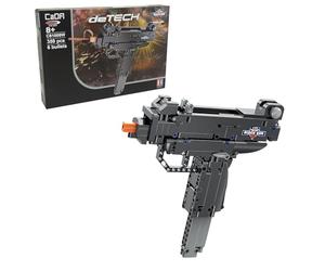 JAMARA 402902 Cada Ametralladora Micro Uzi Bricks, Armas de Bloques de sujeción, Figuras, Juguetes Bloques de construcción, accionar gatillo y Disparar Dardos, Perno Tensor accionado por Goma