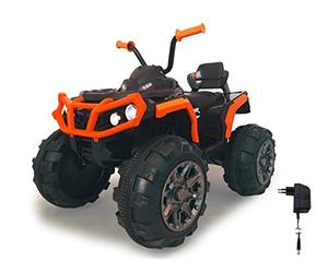 Jamara 460449 - Ride-on Quad Protector Naranjo 12V - Arranque sin Llave, 2 Velocidades, Faros, Claxon, Sonido, Conexión Fuentes Audio externas, Radio FM, Amortiguador, Potente batería