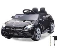 JAMARA 461802 Ride-on Mercedes-Benz SLC, potente batería de 12 V para largo tiempo de viaje, indicador de nivel de batería, faros LED, anillos de goma ultra agarre, conector auxiliar de audio, USB, color negro