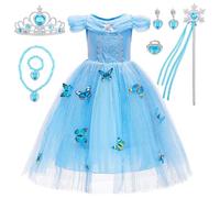 JAMATA Disfraz de Elsa Frozen para Niña 4-5 Años,Incluye Vestido de Princesa,Corona,Varita Mágica,Aretes,Anillo,Collar,Pulsera,Halloween y Fiestas de Cumpleaños,Cosplay,Tamaño 120