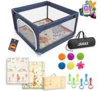JAMAX Parque Infantil Bebe 120x120 | Corralito bebe | Parque bebe Alfombra Acolchada Reversible 1,5 cm de Grosor + 6 Pelotas Sensoriales +6 Agarraderas + Bolsa transporte (Jirafa y Osito 120x120)
