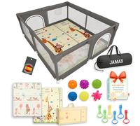 JAMAX Parque Infantil Bebe 150x180 | Corralito bebe | Parque bebe Alfombra Acolchada Reversible 1,5 cm de Grosor + 6 Pelotas Sensoriales +6 Agarraderas + Bolsa transporte (150 x 180)