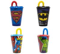 JAMERPD Vasos Superheroes Con Tapa y Pajita Pack de 4 Spiderman Superman Batman y Hulk - Vasos reutilizables de plástico sin BPA de superhéroes, 430 ml, pack de 4