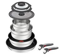 Jamie Oliver by Tefal Ingenio L9769932 - Juego de 9 piezas de acero inoxidable, 2 asas extraíbles, 2 sartenes revestidas, 2 ollas, 3 tapas, inducción, apto para horno