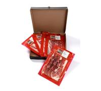 Jamón de cebo de campo Ibérico 50% raza ibérica loncheado. Envasado al vacío. Contiene 5 sobres x 100 grs (500grs.) Jamón con 24 meses de curación.