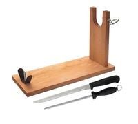 Well Home-Jamonero de Madera con herraje en V, pincho y ficjación pezuña + Set de Cuchillo Jamonero (25cm) y Chaira (21cm) Acero Inoxidable Alta Cali