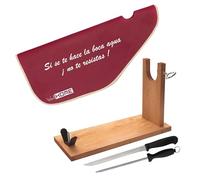 Well Home - Jamonero de Madera con herraje en V + Set de Cuchillo jamonero (25cm) y Chaira (21cm) + Funda para jamón 'Tiberic'