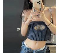 JAMPOL Hot Women Casual Wear Tide Sleeveless Vest Summer Hollow Hardware Buckle Knitted Tube Tops Hot Girl Soft Sexy Blouse (Color : Grey Blue 2, Size : M)