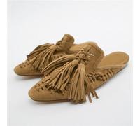 JAMPOL Zapatillas Retro con Flecos for Mujer, Zapatos Planos calados de Punto, Chanclas de Playa de Verano con borlas, Sandalias Planas de Gladiador perezosas for Mujer (Color : marrón, Size : 39 EU)