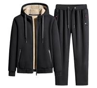 Jamron Hombre Invierno Conjunto de Chándal de Algodón con Forro Polar Chaqueta con Capucha y Pantalones Deportivos con Bolsillos con Cremallera Pierna Abierto Negro XL