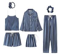 Jamron Mujer 7PCS Saten Conjunto de Pijama Tops & Pantalones Cortos Primavera Verano Ropa de Dormir Azul Rayas SN07655 L