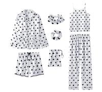 Jamron Mujer 7PCS Saten Conjunto de Pijama Tops & Pantalones Cortos Primavera Verano Ropa de Dormir Blanco Corazón SN07655 L